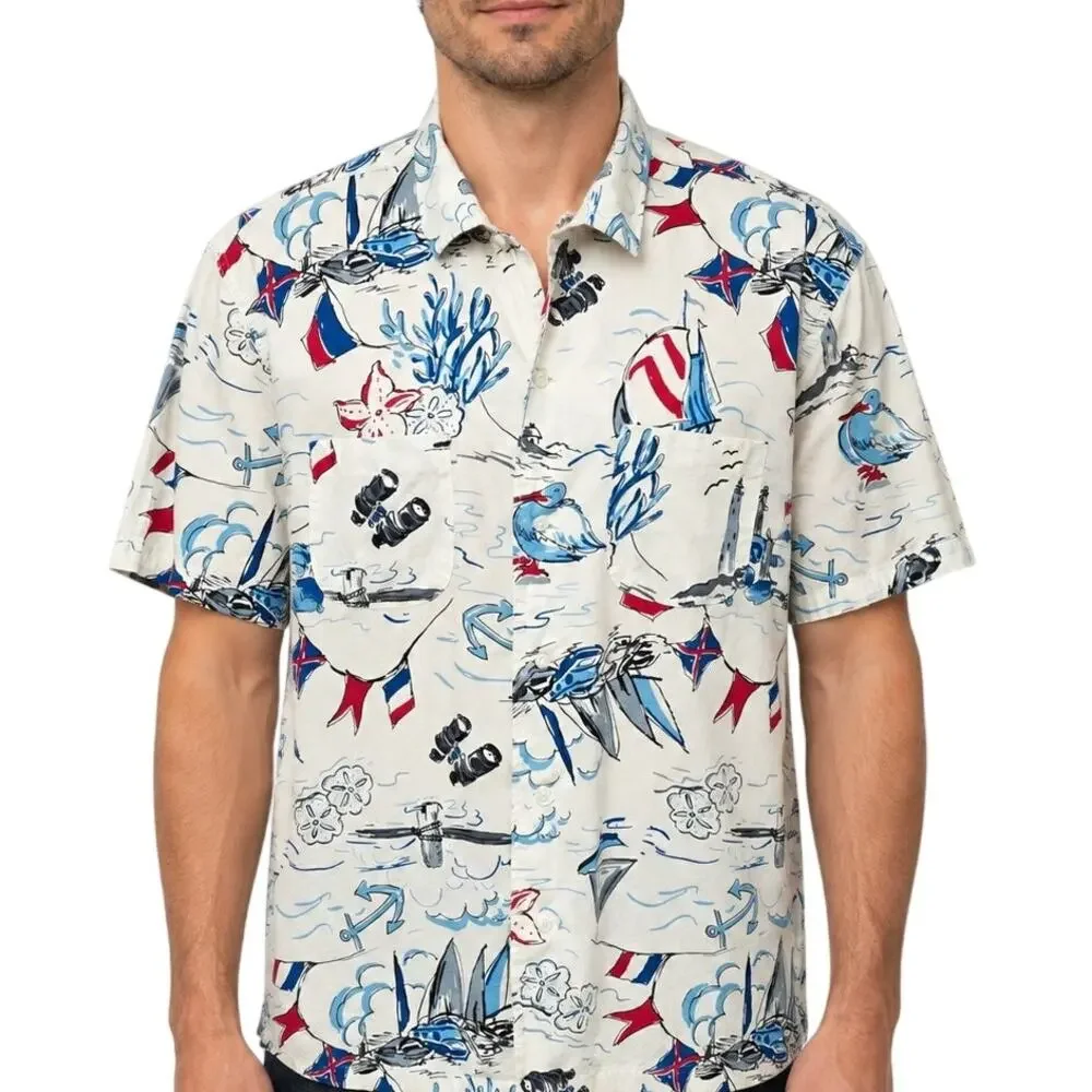 J. Crew camp-collar shirt Men XL Sailboat Nautical Print Short sleeve BH604